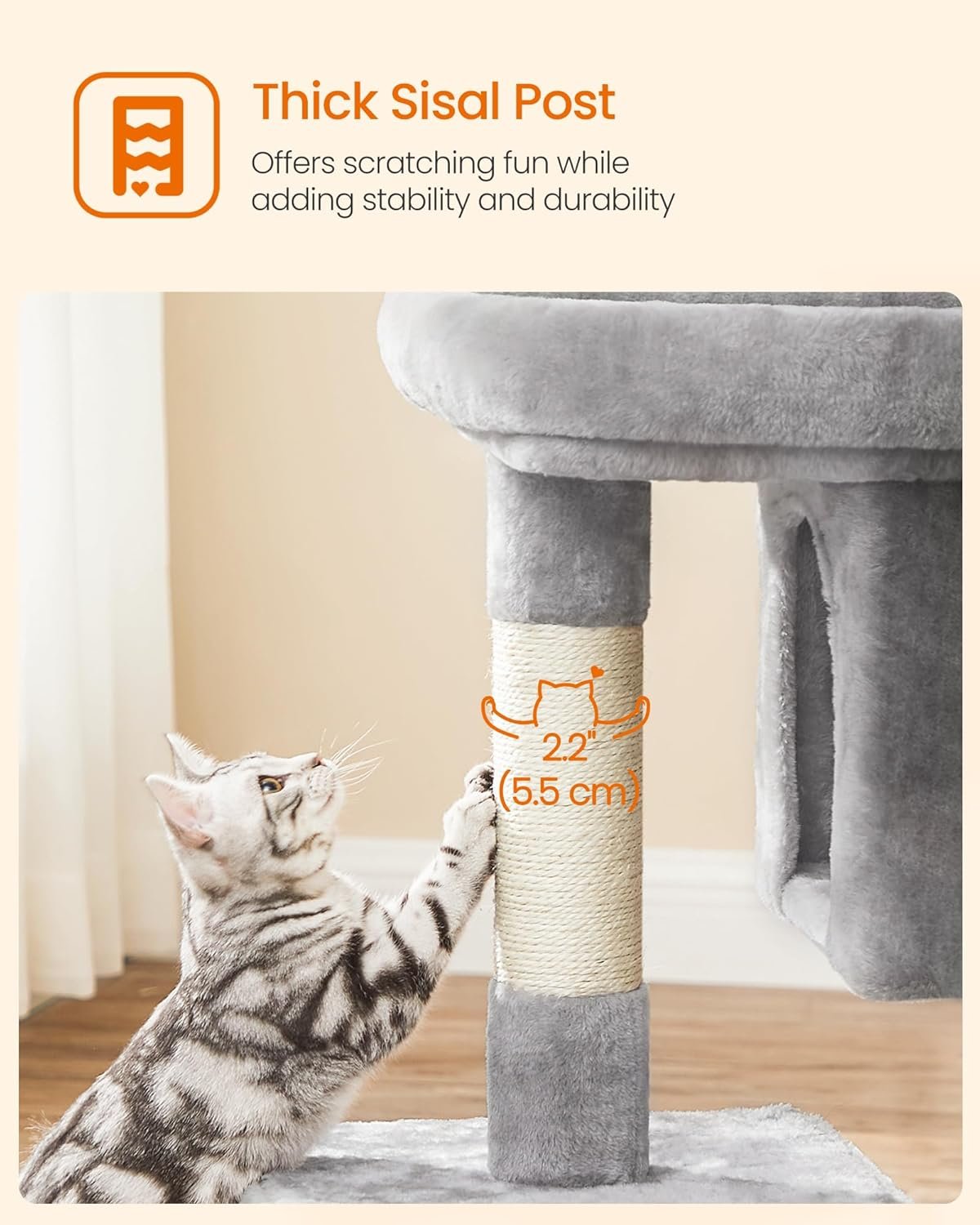 Feandrea Cat Tree, 33.1-Inch Cat Tower, Plush Condo for Large Cats up to 16 lb, Large Perch, 2 Caves, Scratching Post, Light Gray UPCT61W - Image 6
