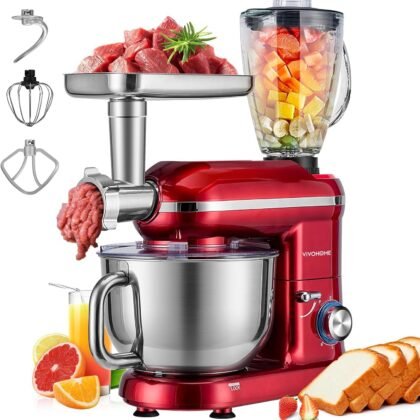 VIVOHOME 3-in-1 Stand Mixer, 6 Quart Electric Tilt-Head Kitchen Mixer with Bowl, Multifunctional Food Mixer with Meat Grinder and Blender Attachments, Dough Hook, Beater, and Whisk, Red