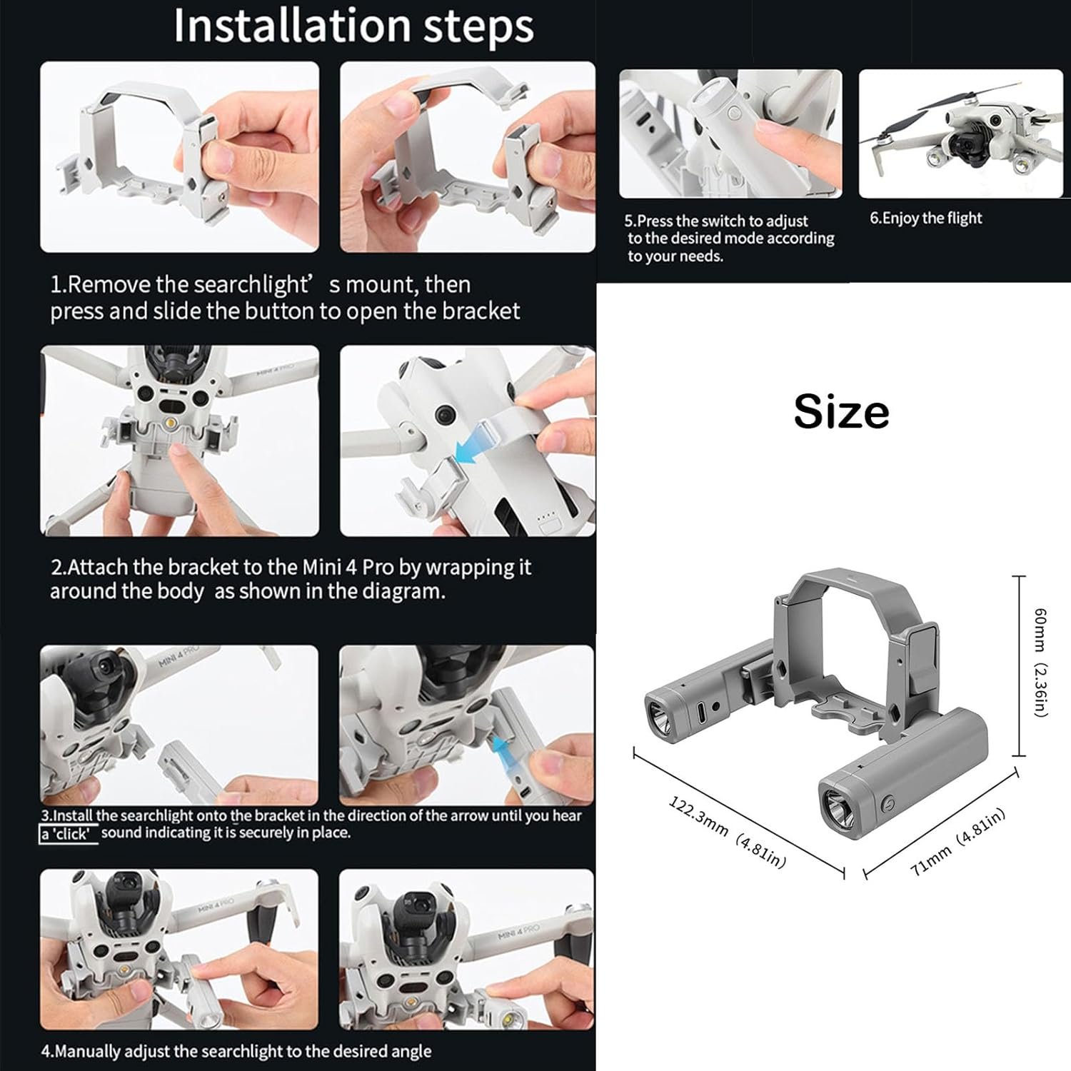 LICHIFIT Mini4 Pro Drone Searchlight Night Light for DJI Mini 4 Pro Rechargeable Dual Light 360° Rotation Multiple Modes Night Flight Light - Image 8
