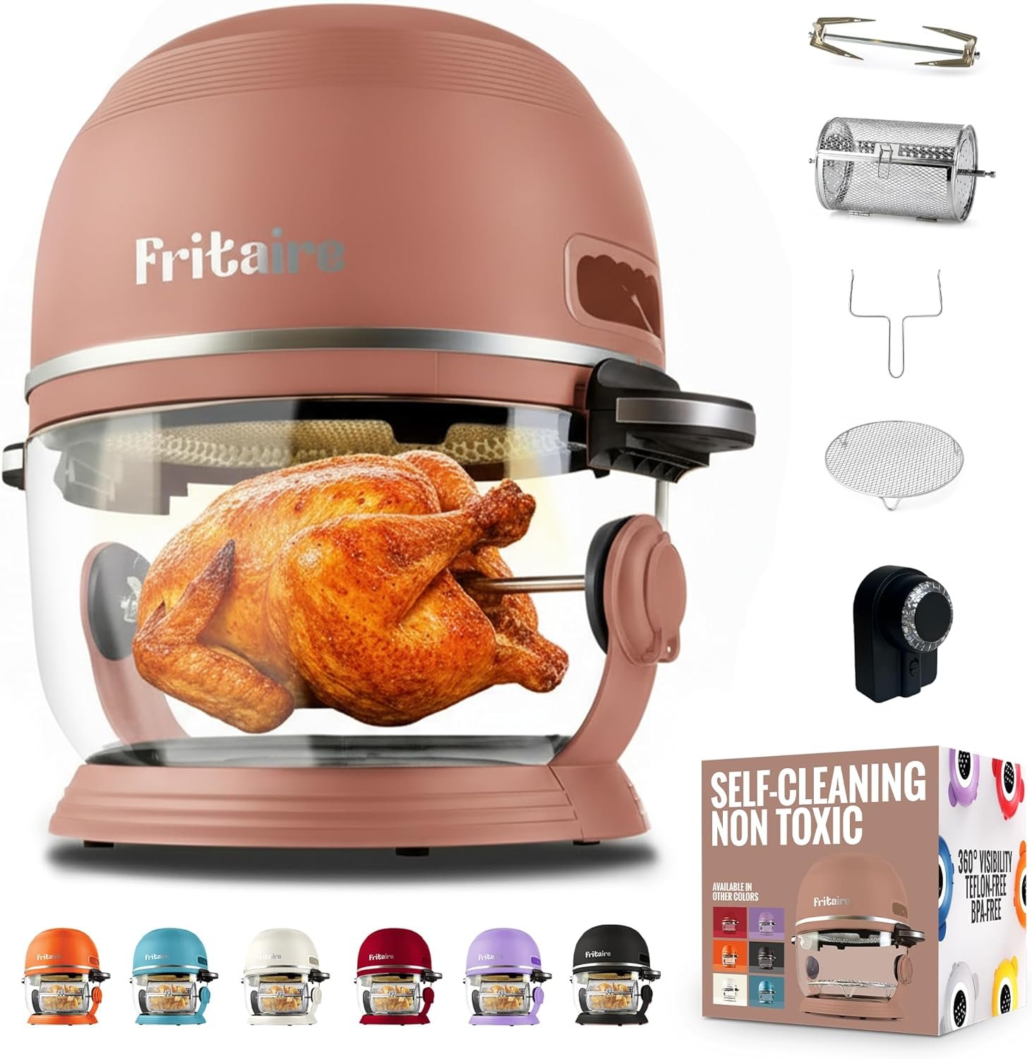 Non Toxic Air Fryer™ - Glass AirFryer 5 Quart w/ 360 Visibility, Self-Cleaning, 400F Vortex Air Fryer for Even Cooking, BPA-Free Teflon Free, 9-in-1 Functions, Rotisserie, Roast, Bake, Mauve Rose