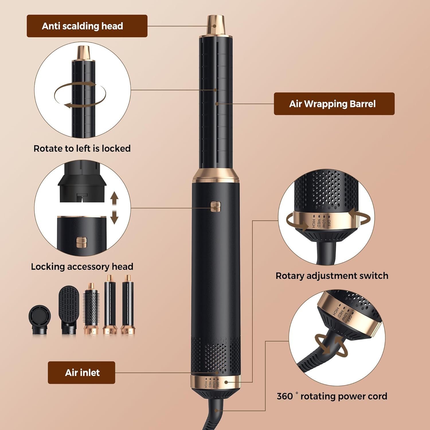 5 in 1 Blow Dryer Brush, Upgrade Hair Dryer Brush Air Curler Air Curling Wrap Styler, Detachable Hot Air Brush Negative Ion Curling Brush Iron, Hair Styling Tools for Drying Curling Straightening - Image 8