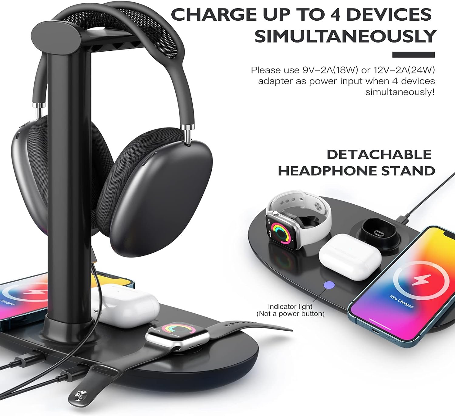 Headphone Stand with 15w Wireless Charger, Suguder 4 in 1 Charging Station Headset Holder for AirPods Max/Pro/4/3/2 iWatch 10/9/8/7/6/5/4/3/2/1/SE iPhone 17/16/15/14/13/12/11/X for Desktop Table Game - Image 3