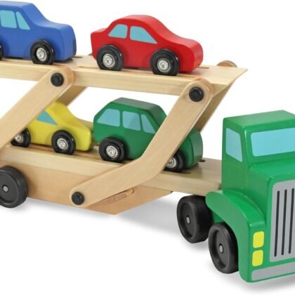 Melissa & Doug Car Carrier Truck and Cars Wooden Toy Set with 1 Truck and 4 Cars 5.75" x 12" x 3"