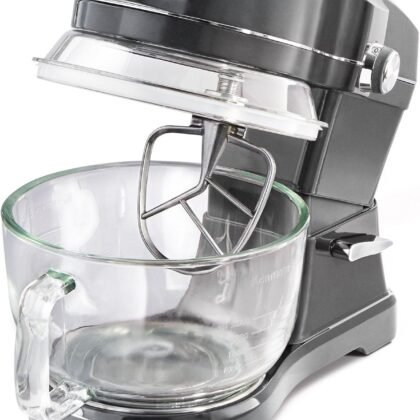 Kenmore 500W Oviation Stand Mixer - 10 Speed Mixing, Tilt-Head, Handheld Glass Bowl With Pouring Top Splash Guard, Flat Beater, Whisk, Dough Hook Attachments Countertop Kitchen Appliance, 5QT Grey