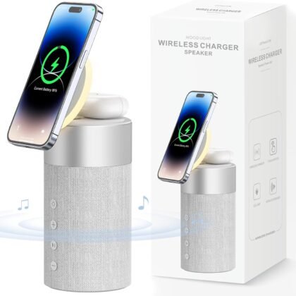 COLSUR Bluetooth Speaker, Magnetic Wireless Charger, Bluetooth Speakers with Night Light, 2 in 1 Wireless Charging Station for iPhone 17/16/15/14/13/12 Series, AirPods Pro 2/4/3/2（Gift Ideal）(Gray)