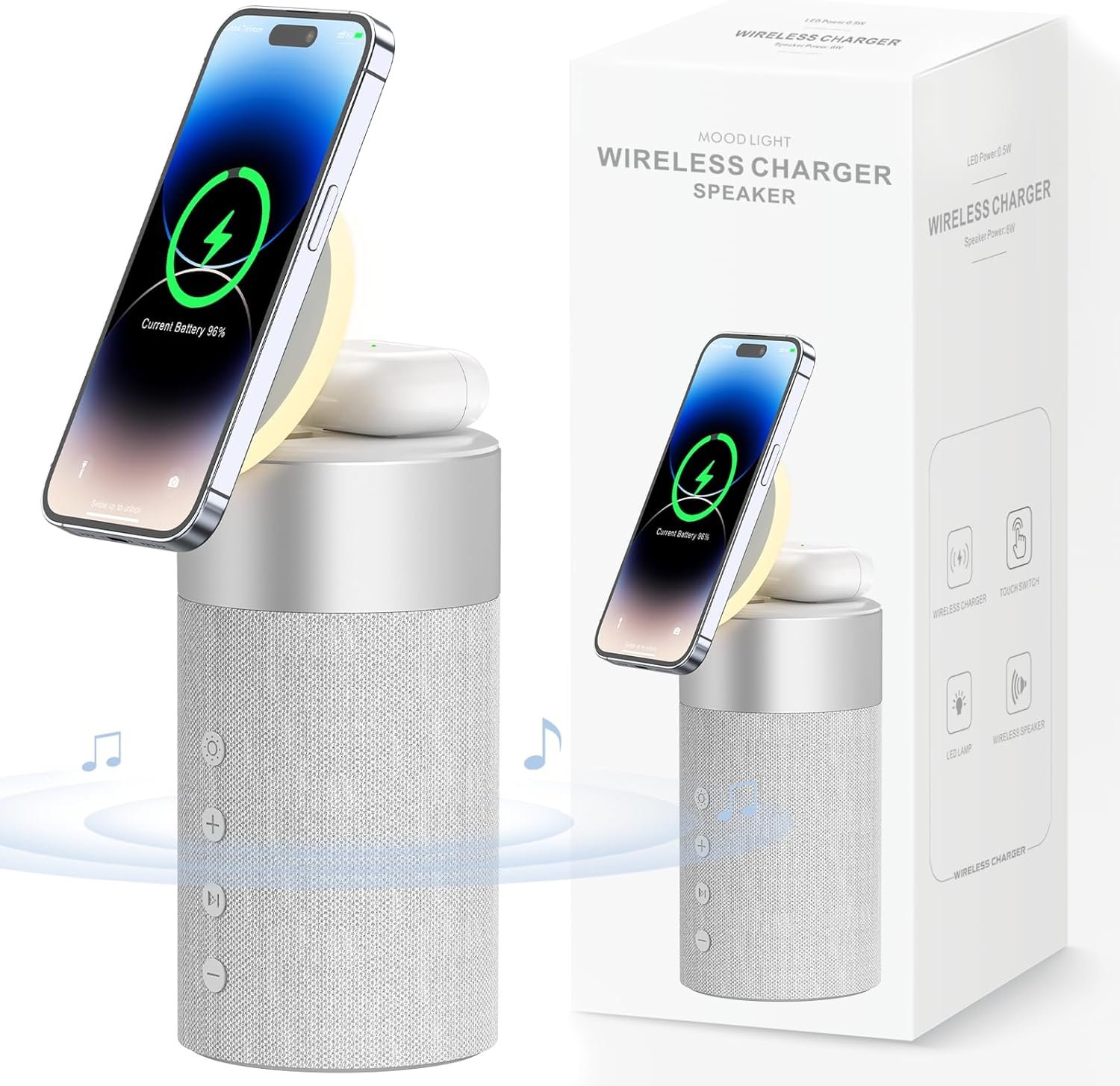 COLSUR Bluetooth Speaker, Magnetic Wireless Charger, Bluetooth Speakers with Night Light, 2 in 1 Wireless Charging Station for iPhone 17/16/15/14/13/12 Series, AirPods Pro 2/4/3/2(Gift Ideal)(Gray)