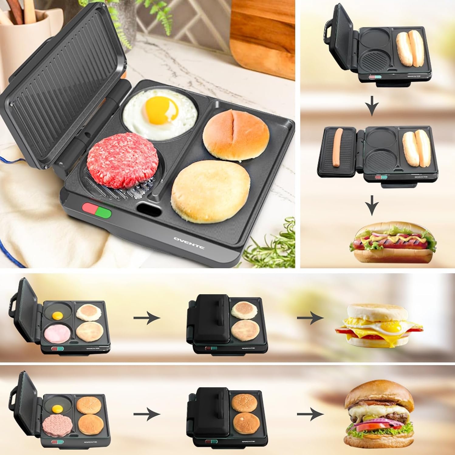 OVENTE Sandwich Maker and Hamburger Grill Machine with Non-Stick Griddle and Griller Plate, 1000W Electric Multipurpose Breakfast Station for Sandwiches, Burgers, Egg Muffin & Pancakes, Black HMG111B - Image 2