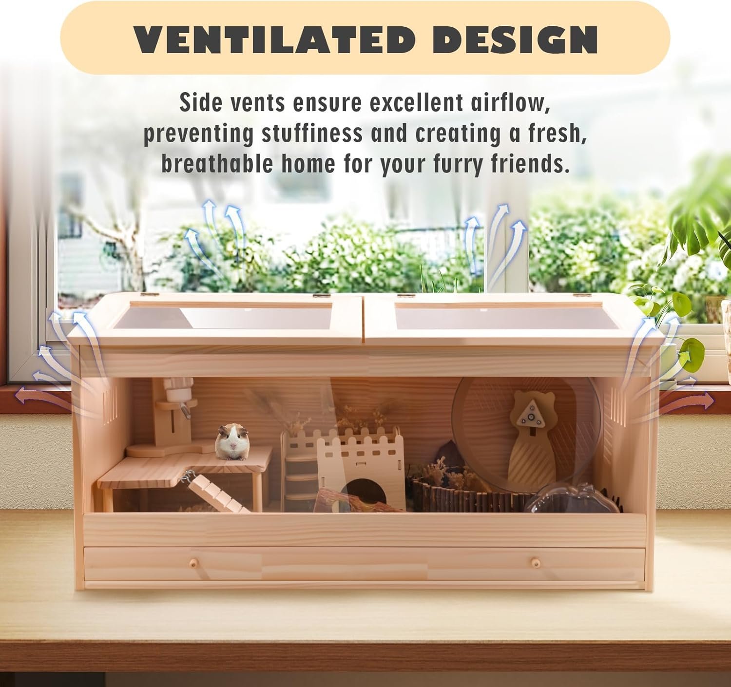 31.5 Inch Wooden Hamster Cage with Pull-Out Tray, Small Animal Habitat with Double Skylight Doors for Gerbil, Mouse, Guinea Pig, Rat, No Accessories - Image 6