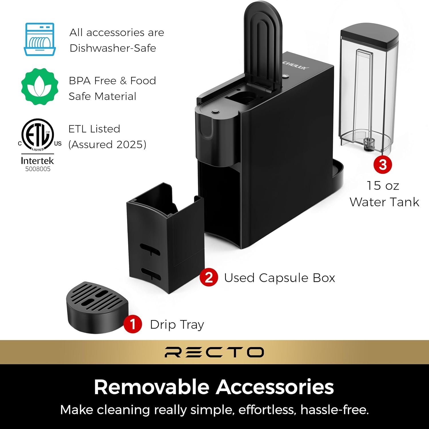 CHULUX RectoCafé Espresso Machine for Nespresso Original Capsule Pod, 20 Bar Professional Italian Pump Coffee Machine, Extra Mini Espresso Maker for Home & Office, Black - Image 9