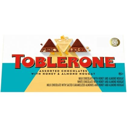 TOBLERONE Assorted Chocolate Bars Variety Pack (Milk, White, & Salted Caramelized Almonds), Bulk Chocolate, 1 Gift Box (9 Bars)
