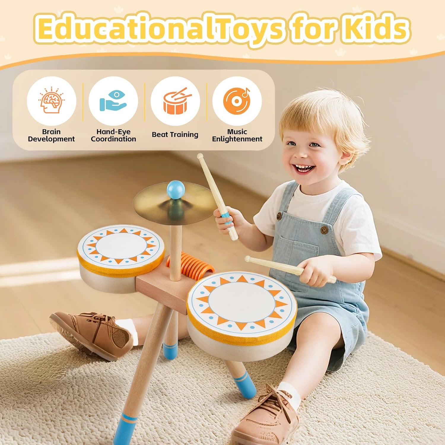 Toddlers Drum Set Toy for 1 2 3 Years Old ,Kids Wooden Jazz Drum for Toddlers Montessori Musical Instruments for Boy Girl, Percussion Set Baby Musical Toys, Birthday Gift for 1 2 3+ Kids Baby - Image 3