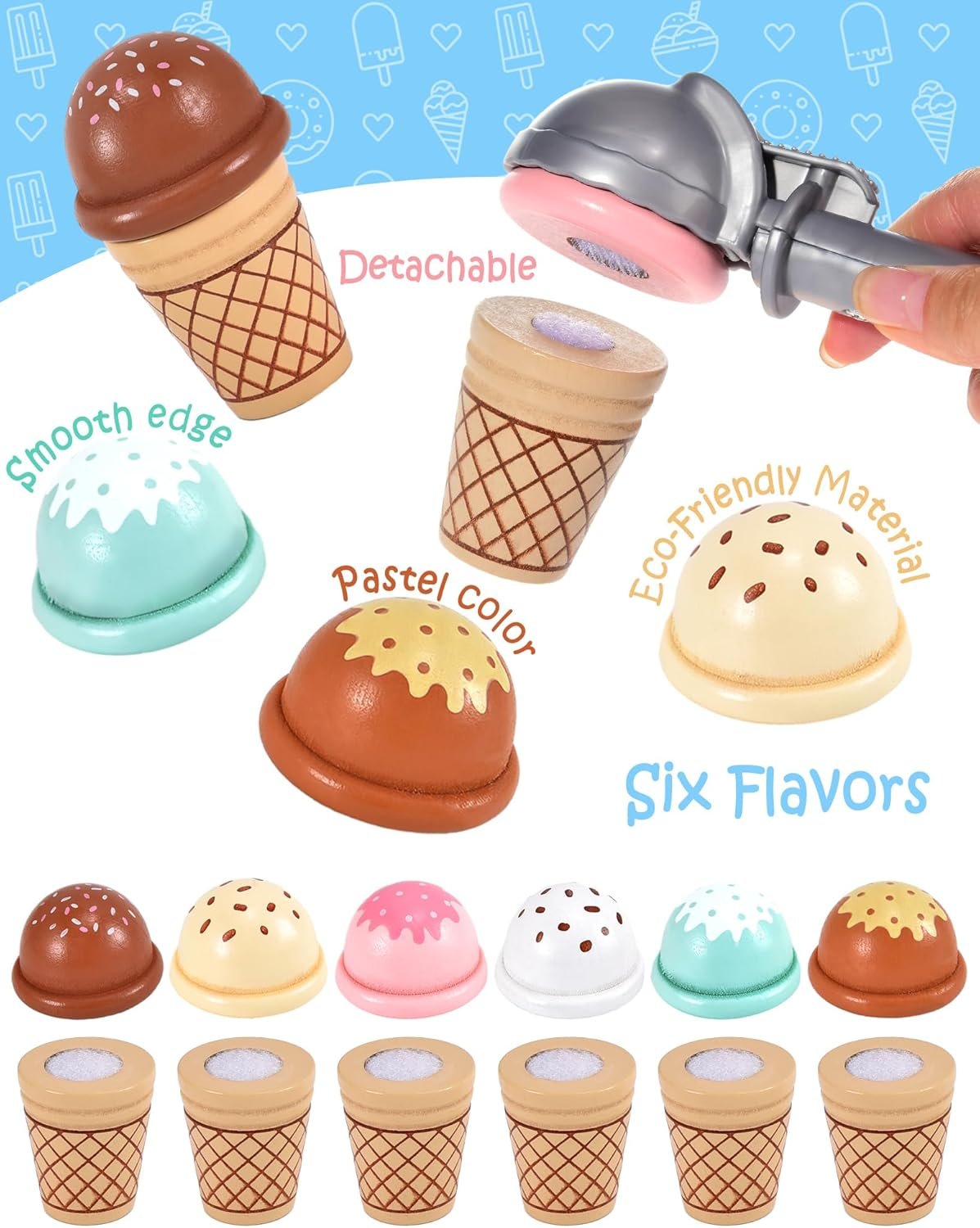Wooden Ice Cream Toys Kids Kitchen Play Store for Toddlers Girls, Play Kitchen Accessories with Scoop & Menu & Fake Money, Wooden Toys for 3 4 5 Year Old Girls Boys Birthday - Image 4