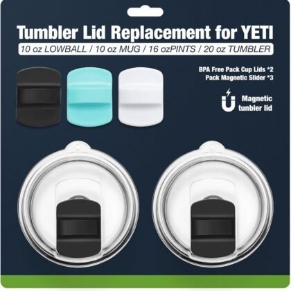20 oz Tumbler Lids,Magnetic Tumbler Lid Replacement for YETI,BPA Free 2 Pack Black Tumbler Lids & 3 Pack Magnetic Slider