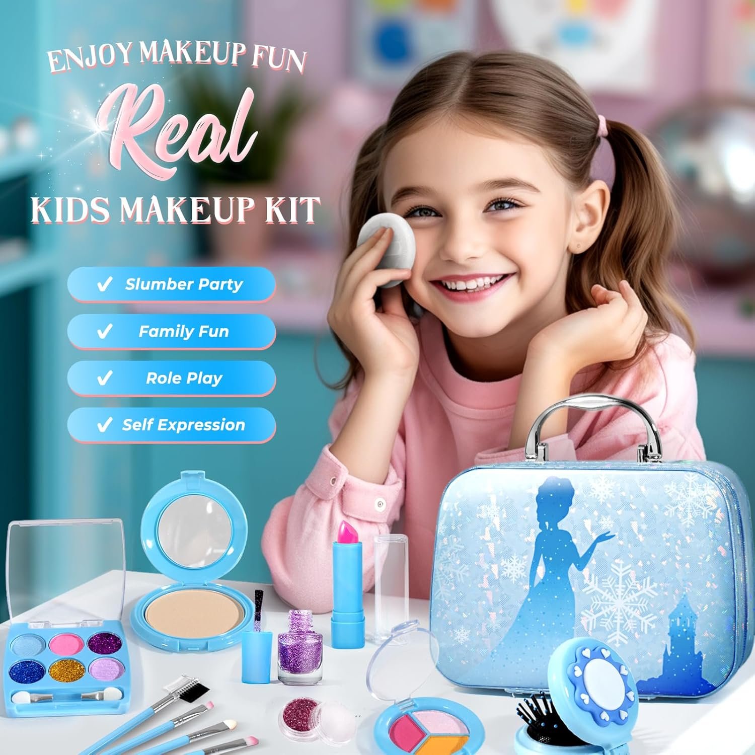 INNOCHEER Kids Makeup Kit for Girl Toys, Frozen Makeup Set for Girls, Real Washable Makeup Kit for Girls, Birthday Christmas Princess Gifts for Girls Kids Toddlers Age 3 4 5 6 7 8 9 10 11 12 Year Old - Image 7