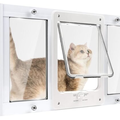 Full-Size Window Pet Door for Cats & Small Dogs, Fits 28"-32" Width Windows, No Damage Cat Door for Window, Lockable Window Mount Cat Door, Weatherproof Cat Door Window Insert Horizontal
