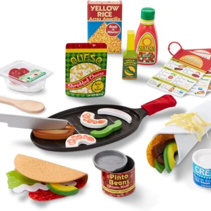 Melissa & Doug Fill & Fold Taco & Tortilla Set, 43 Pieces – Sliceable Wooden Mexican Play Food, Skillet, and More - FSC Certified