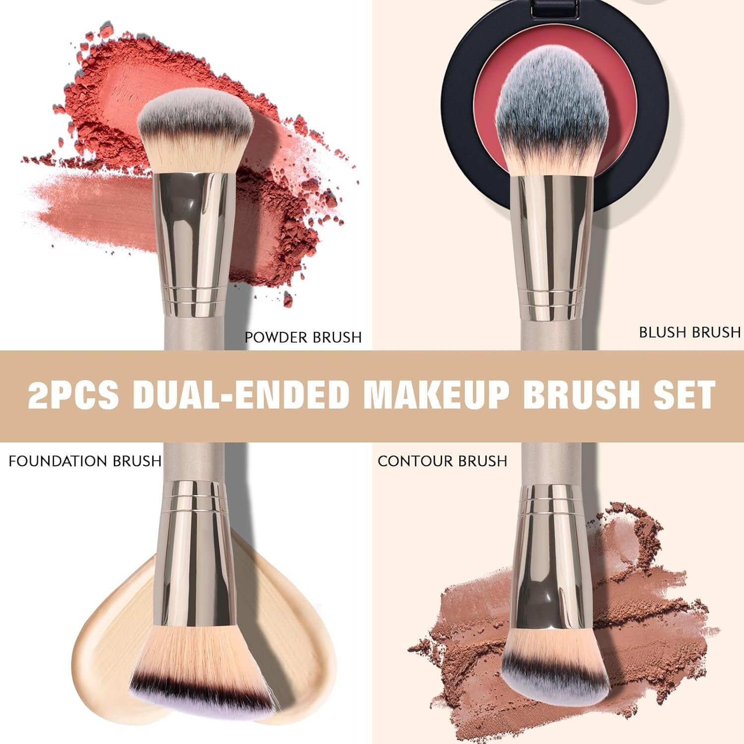 Foundation Makeup Brushes, 2Pcs Premium Dual-Ended Makeup Brush (Foundation, Powder, Blush & Contour Brushes) for Buffing Liquid, Cream, Powder, Blending Face Brush, Fit for Home, Travel & Gifting - Image 3