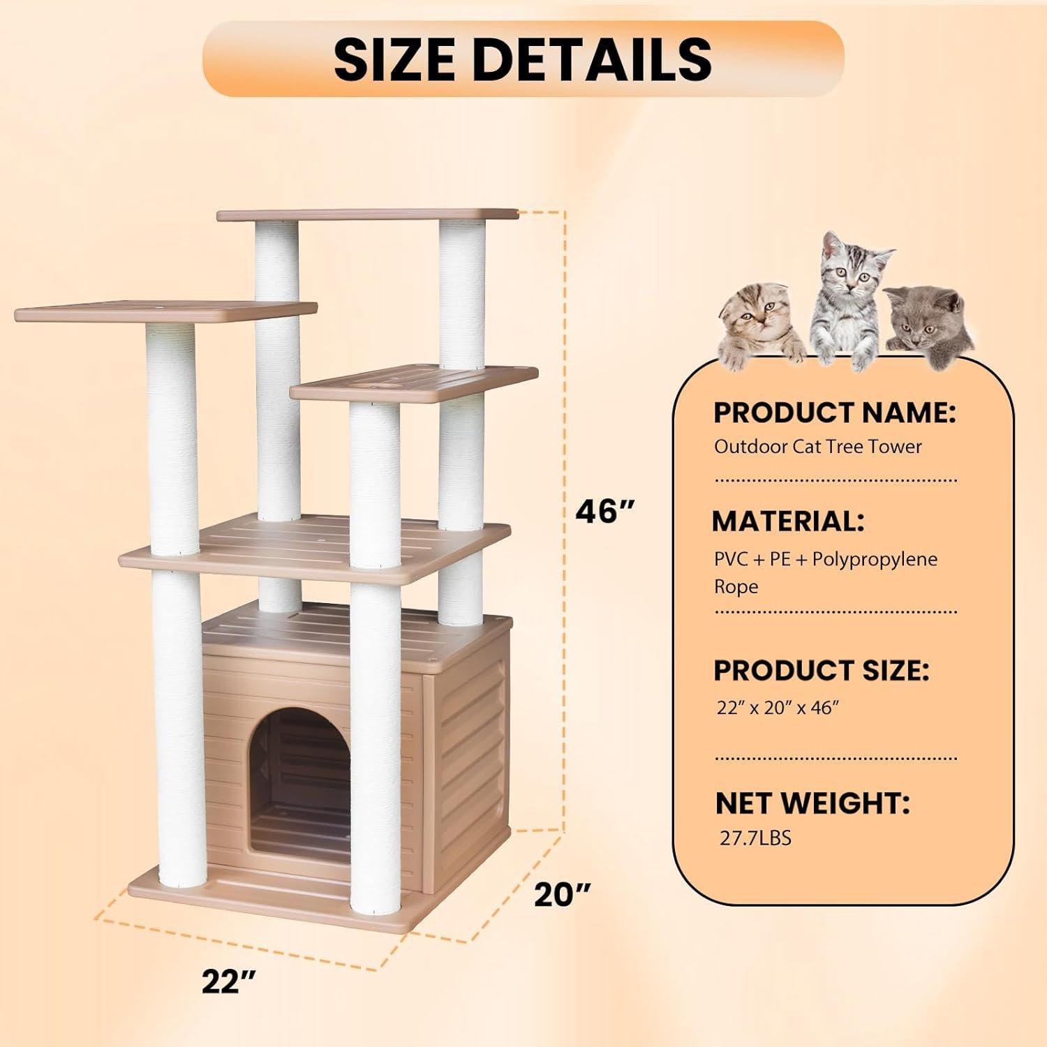 46” Indoor and Outdoor Cat Tree Tower, Cat House for Outdoor Cats, Weatherproof Cat Condo with Scratching Posts - Image 7