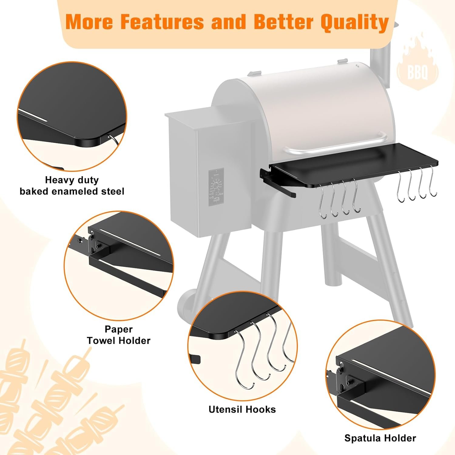 Folding Shelf for Traeger Pellet Grills, BAC362 Pellet Front Shelf with Hooks and Paper Towel Holder for Traeger Pro 22, Pro 575, Eastwood 22, Ironwood 650 and Century 22 Series Pellet Grill - Image 5