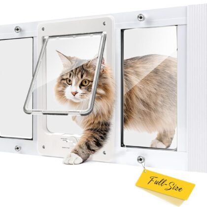 Full-Size Window Pet Door for Cats & Small Dogs, Width Adjustable Fits Sliding Windows, 10-Min Install, Aluminum Frame, HD High-Transparency Glass, Weatherproof Design, Magnetic Close