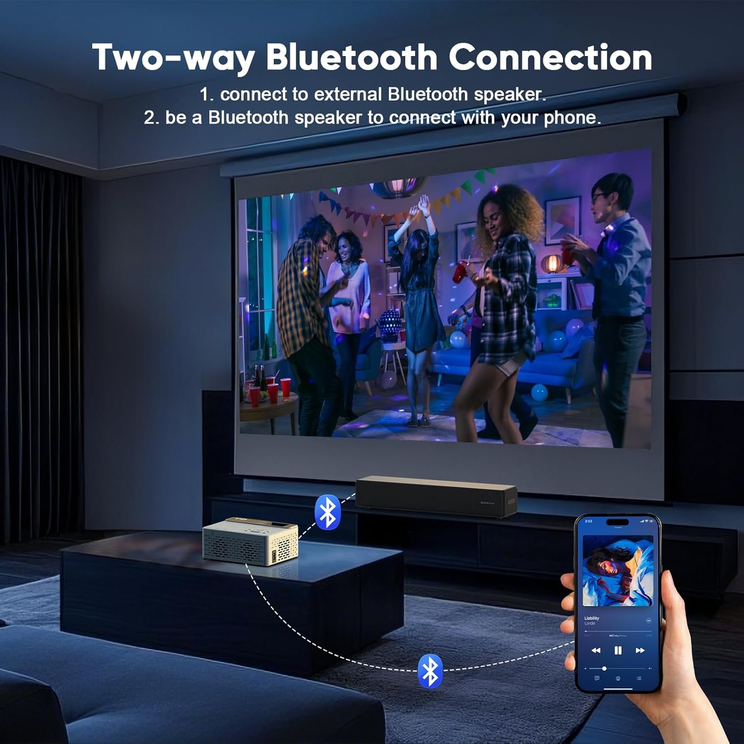 TMY 1080P Full HD Portable Mini Projector, Upgraded Bluetooth Movie Projector with Screen, Compatible with TV Stick Smartphone/HDMI/USB, Indoor & Outdoor Use - Image 3