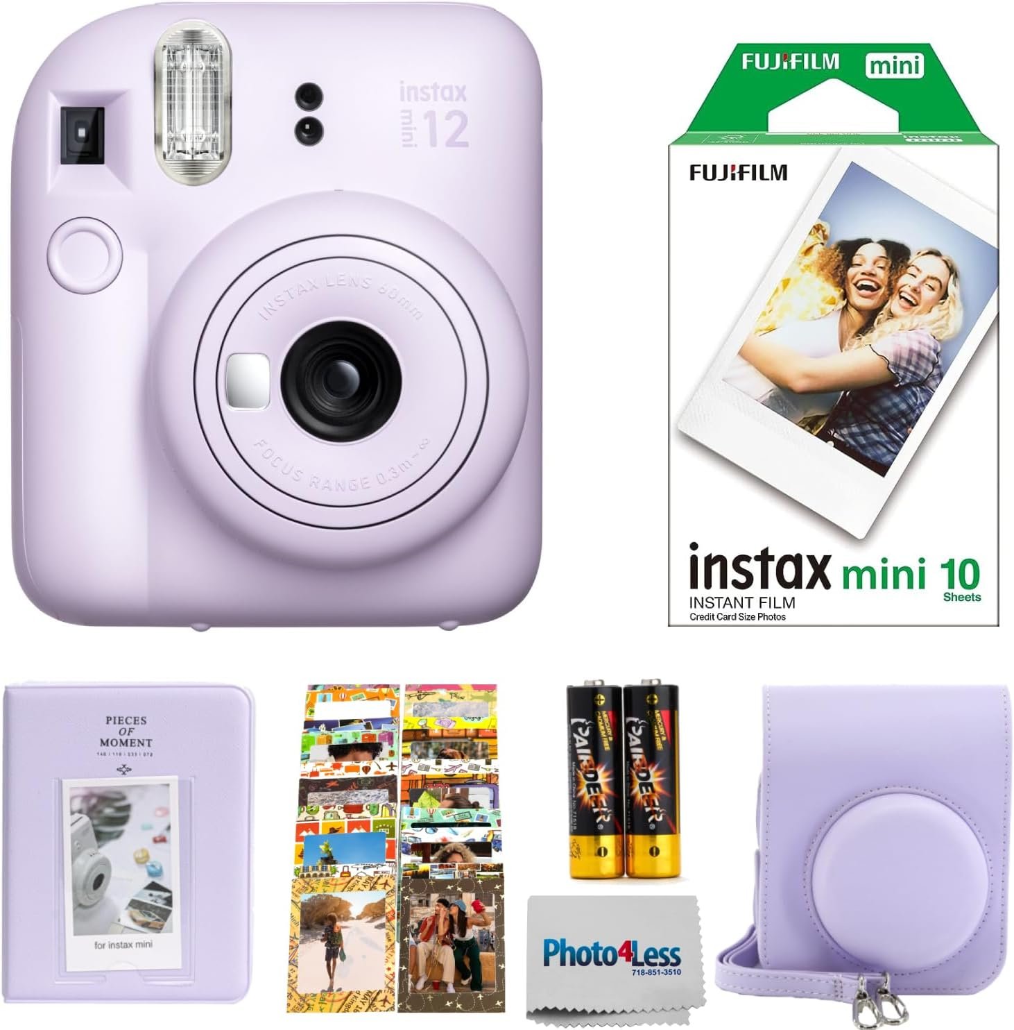 FUJIFILM INSTAX MINI 12 Instant Film Camera (Lilac Purple) Bundle with Fuji Instax Instant Film Single Pack, 10 Prints | Protective Case Purple | Photo Album Purple | Travel Stickers (6 Items)