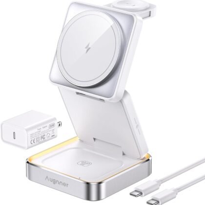 【2026 Upgraded】Wireless Charger 3 in 1, Foldable Wireless Charging Station with Light for Apple MagSafe Charger, Travel Magnetic Charger for iPhone 17/16/15/14/13/12 Apple Watch AirPods (20W Adapter)