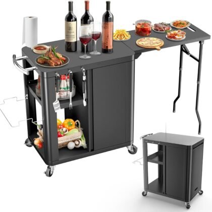 Outdoor Grill Table Cart 57"x24"x35", Outdoor Kitchen Island with Storage & Large Tabletop for Blackstone Griddle, Ooni Pizza Oven, Ninja Woodfire Grill, BBQ Station, Dining Cart, Rolling BBQ Table