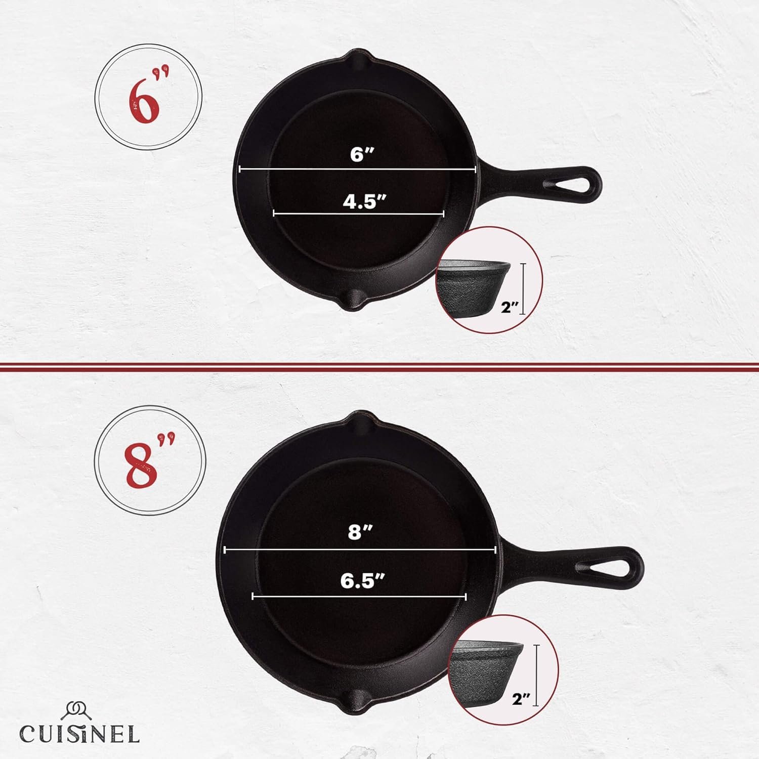 Cuisinel Cast Iron Skillets Set - 4-Piece Chef Pans - 6" + 8" + 10" + 12"-Inch + 4 Heat-Resistant Handle Holders - Pre-Seasoned Oven Safe Cookware - Indoor/Outdoor Use - Grill, Stovetop, BBQ Safe - Image 4