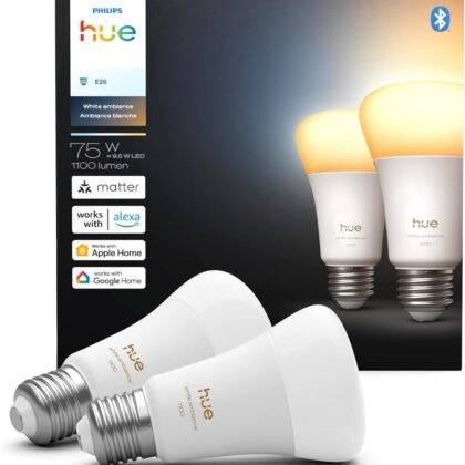 Philips Hue Smart LED A19 Bulb, White Ambiance, E26 Base, 9.5W, Full Spectrum Light 1000K-20000K, 1100 Lumens, Dimmable, Works with Alexa, Google, and Apple Home, 2pk