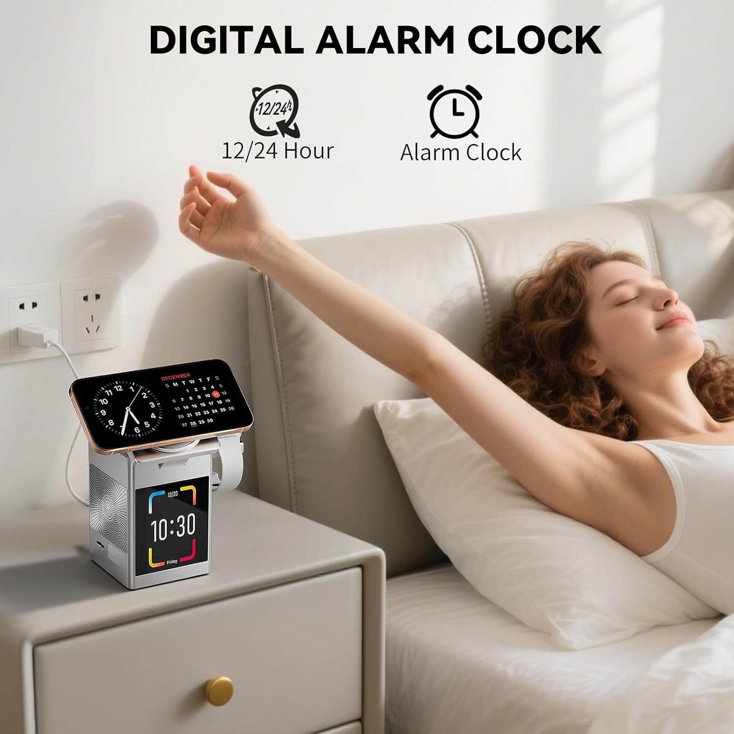 3-In-1 Wireless Charging Station LCD Touch Screen with Bluetooth 5.3 Speaker, Digital Alarm Clock, Qi MagSafe Charger for iPhone iWatch AirPods, 20W Adapter, Suitable for Home, Office & Travel, Sliver - Image 7