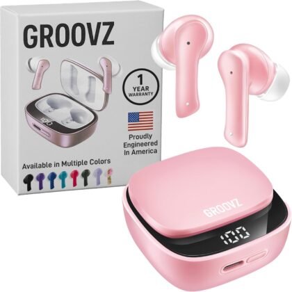 Groovz True Wireless Earbuds with Charging Case - Designed and Engineered in The USA - IPx4 Water Resistant Bluetooth Earbuds Compatible with Apple and Android - 27Hrs Battery Life - Light Pink