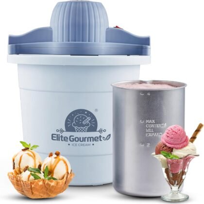 Elite Gourmet 4Qt Electric Ice Cream Maker EIM350 Delicious Homemade Ice Cream, Gelato, Sorbet, Frozen Yogurt, 4Qt Aluminum Freezing Cannister, Durable Plastic Ice Bucket, Powerful 50W, Periwinkle
