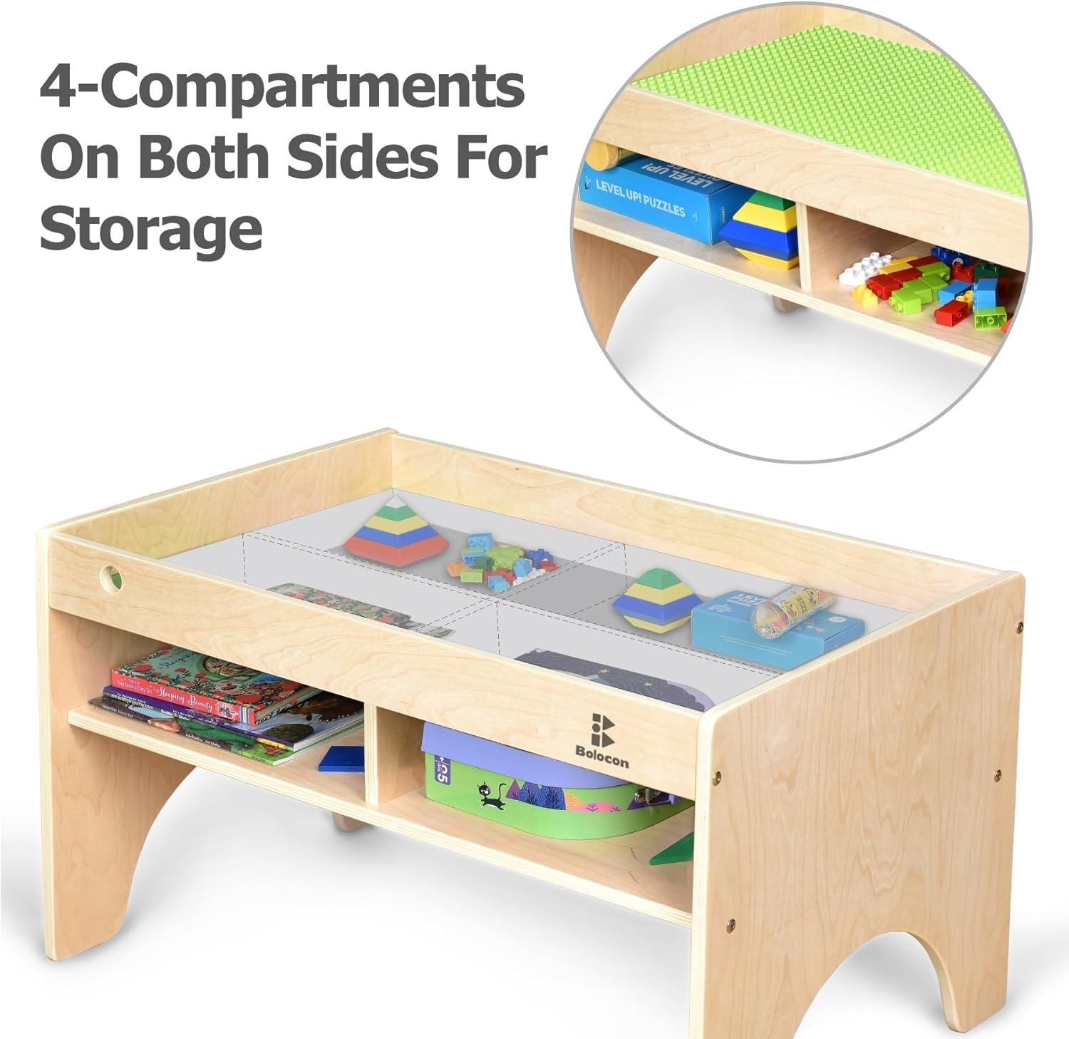 Kids 3-in-1 Wooden Art & Activity Table Playset Furniture with 4 Compartments for Storage, Play Table Compatible with Blocks&Bricks and Train Set for Preschool Toddler Boy & Girl (STD.) - Image 6