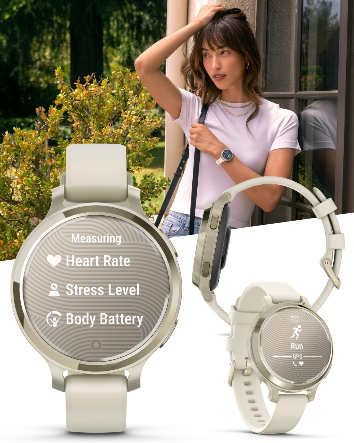 Wearable4U Garmin Lily 2 Active, Lunar Gold with Bone Silicone Band, Small and Stylish Smartwatch, Built-in GPS, Hidden Display, Patterned Lens, Up to 9 Days Battery Life White Earbuds Bundle - Image 3