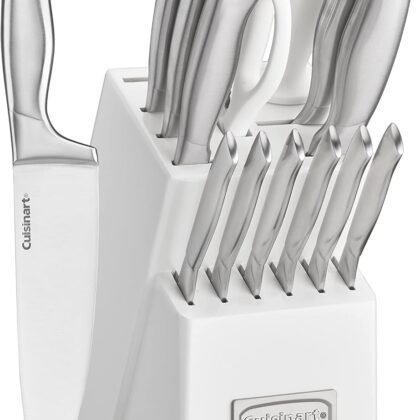 Cuisinart Professional Block Knife Set, 15pc Cutlery Knife Set with Steel Blades for Precise Cutting, Lightweight, Stainless Steel Durable & Dishwasher Safe, White