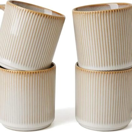 famiware Coffee Mug Set for 4, Star 12 oz Catering Mugs Cup Set with Handle for Coffee, Tea, Cocoa, Milk - Ceramic Stoneware Drinkware Set, Cappuccino White