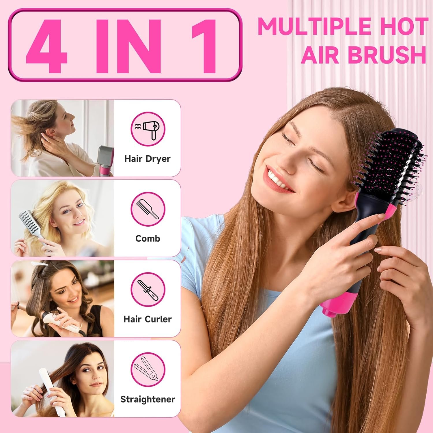 4-in-1 Hair Dryer Brush - Ionic Ceramic Titanium Brush Blow Dryer Hot Air Styler for Frizz-Free Blowouts, Salon Volumizer & Straightener with ALCI Safety Plug, 3 Heat Settings Hot Air Styler - Image 7