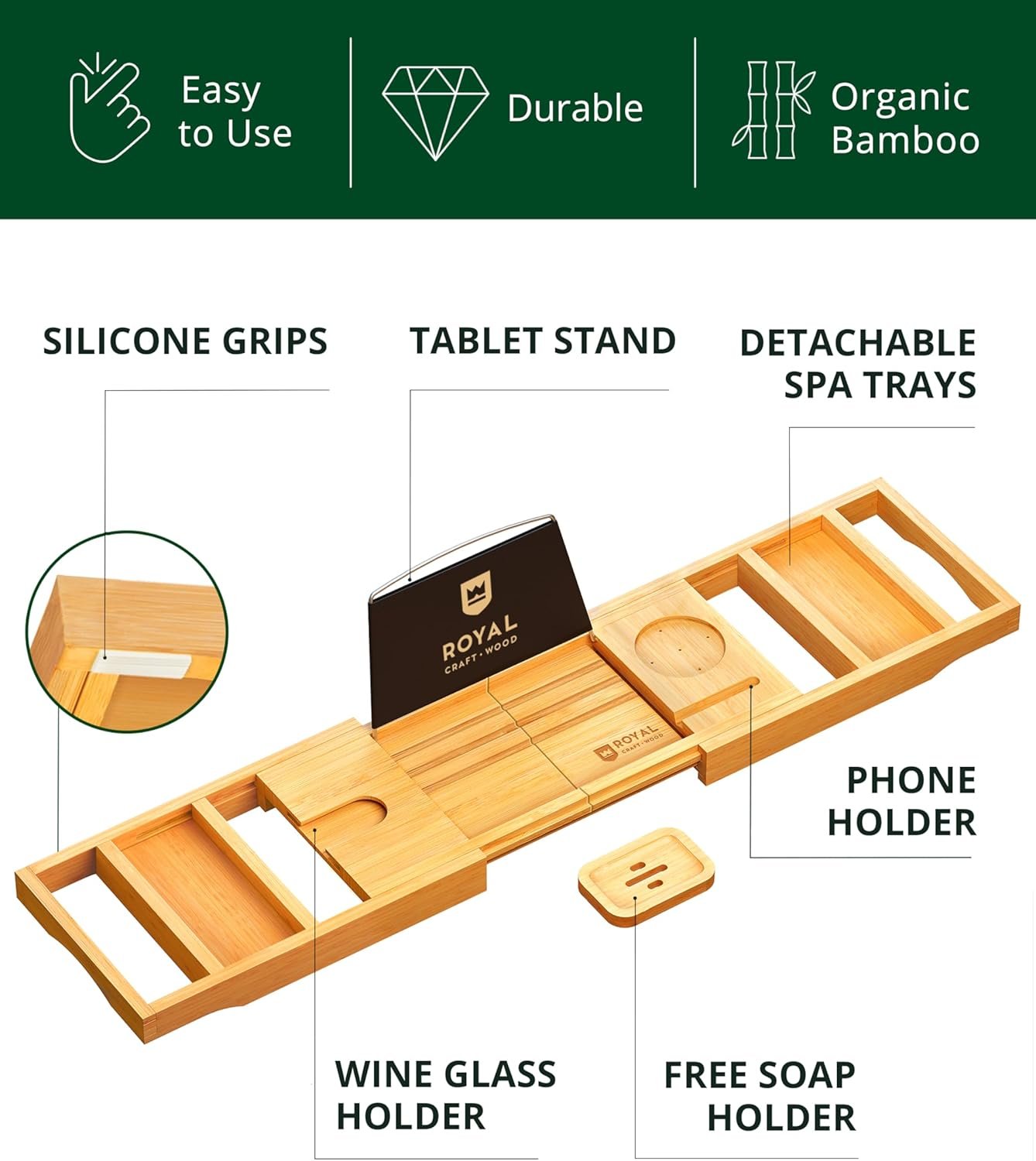 ROYAL CRAFT WOOD Bathtub Tray Caddy for Tub, Bamboo Bath Shelf, Premium Foldable Wood Bath Table, Expandable Bathtub & Bathroom Accessories, New Home Gifts for Mom, Housewarming, Anniversary, Wedding - Image 3