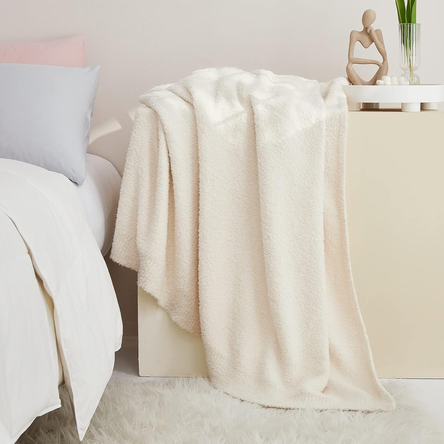 CYMULA Knit Throw Blanket for Couch Cream White - Super Soft Lightweight Plush Fuzzy Fluffy Cozy Blankets and Throws for Sofa Bed, 50 x 60 inches - Image 5