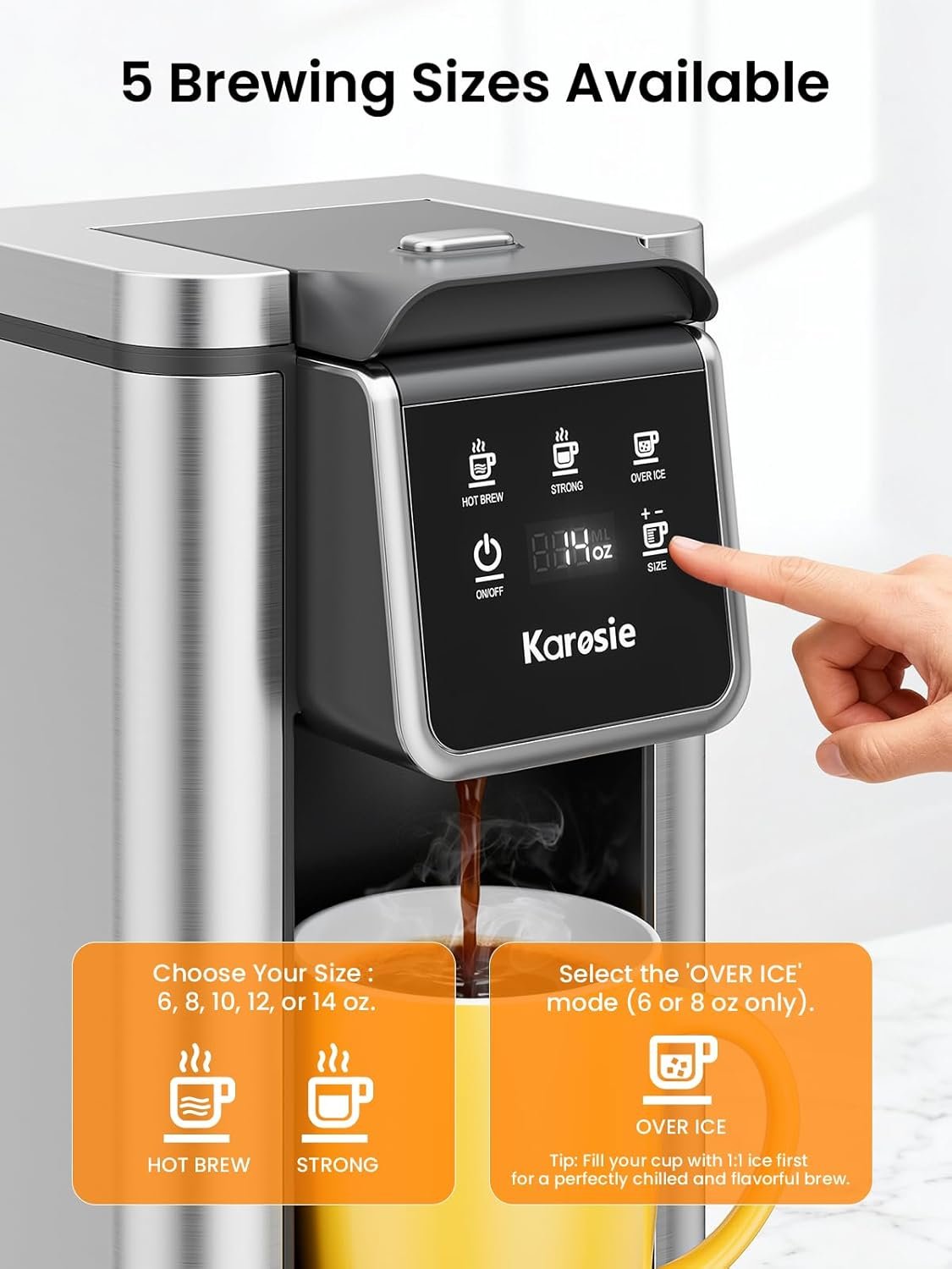 Karosie K Cup Coffee Maker with Strong Brew Setting, 50oz Removable Tank, 6-14 oz Brew Sizes Hot & Iced Coffee Machine for K-Cup and Grounds, Descaling Reminder, Stainless Steel,Black - Image 6