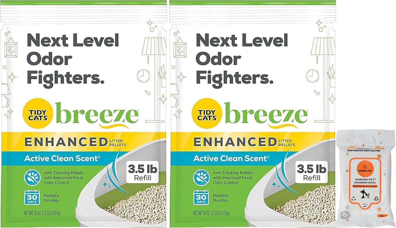 Aurora Pet Bundle (2) Cat Breeze Enhanced Active Clean Scent Cat Litter Pellets, Refill 3.5 lb with Aurora Pet Wet Wipes