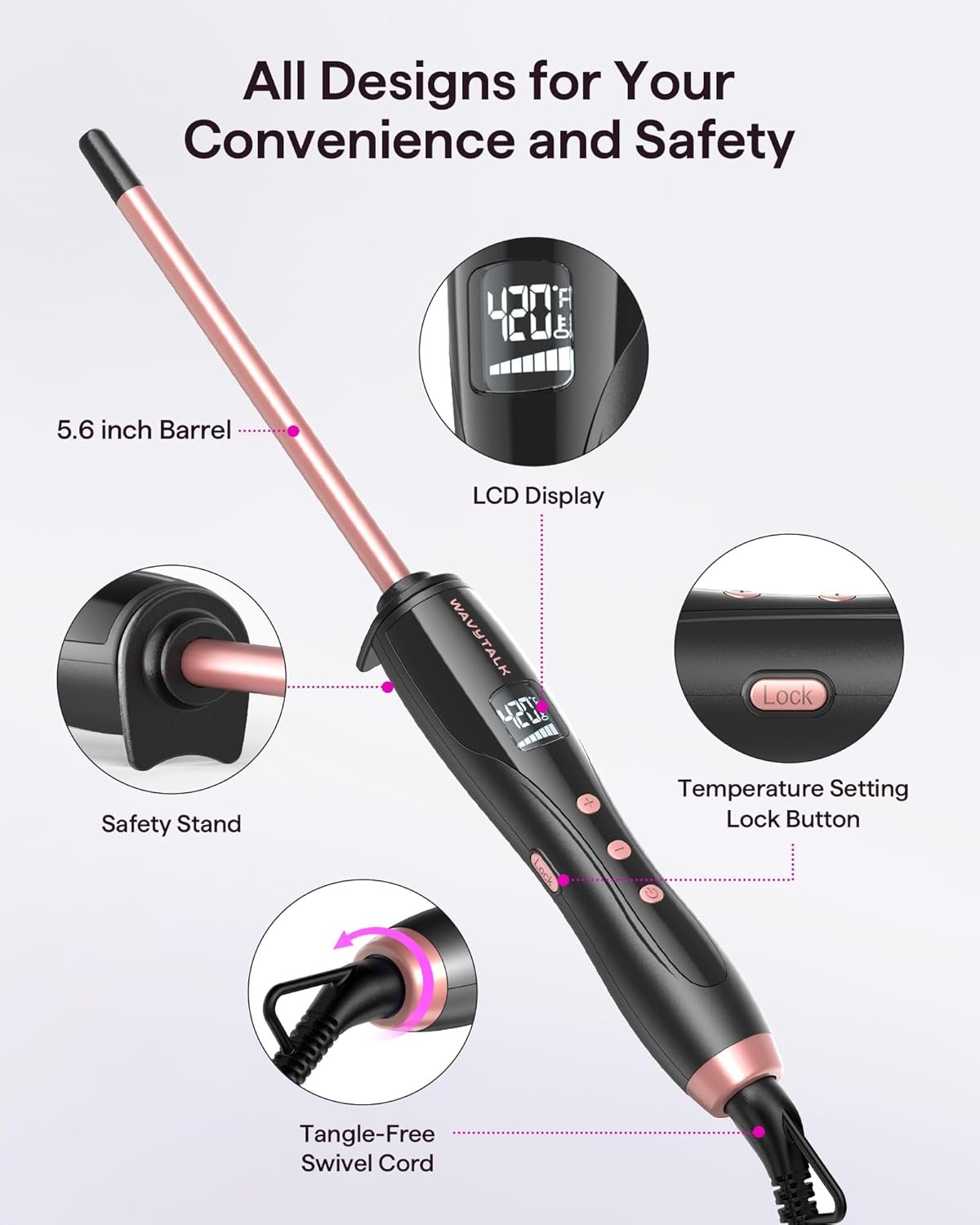 Wavytalk 3/8 Inch Small Curling Iron Wand for Short & Long Hair, Ceramic Barrel with Adjustable Temperature, Heat Resistant Glove Included (Rose Pink) - Image 5