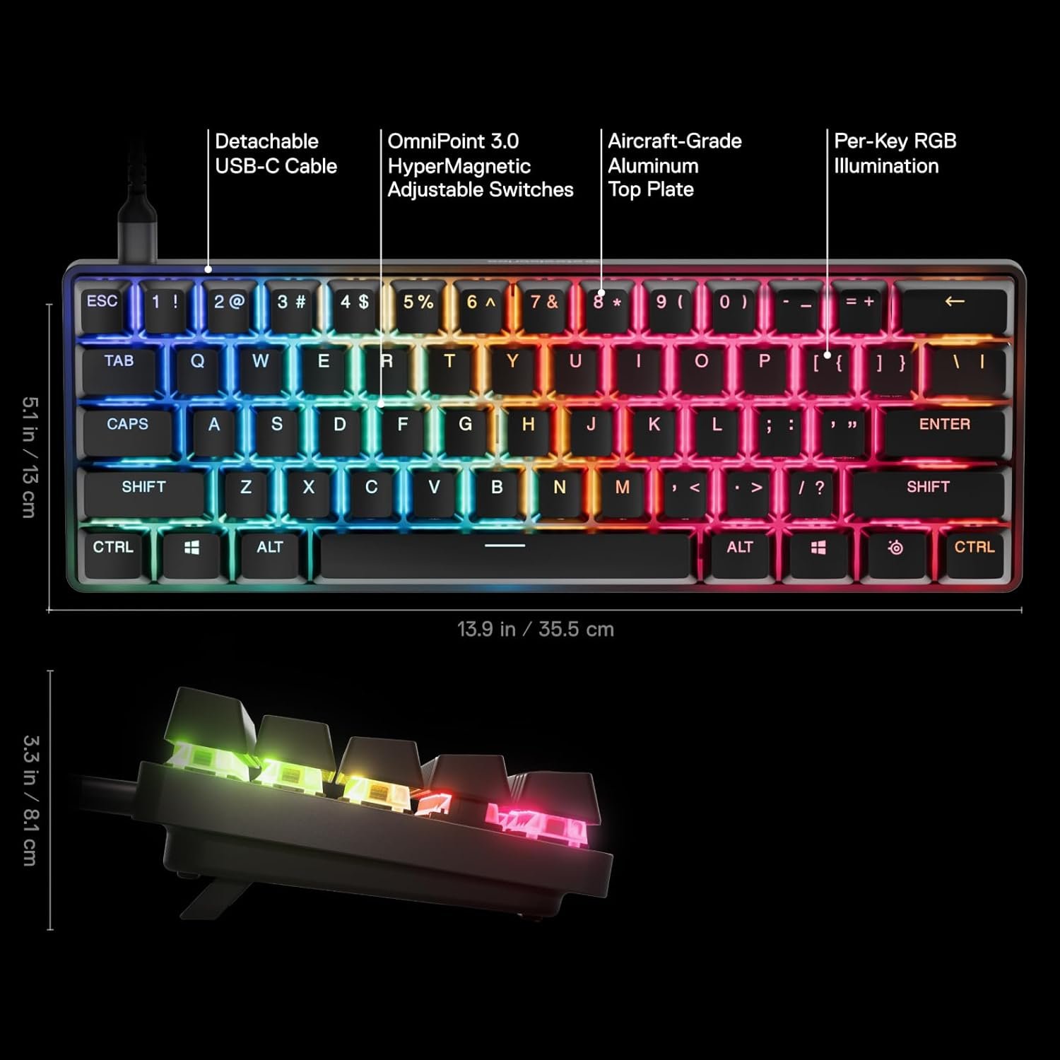 SteelSeries Apex Pro Mini Gen 3 OmniPoint 3.0 HyperMagnetic Switches — Adjustable Actuation — Rapid Trigger — Game-Ready Presets — Protection Mode — Rapid Tap/SOCD — RGB — PBT Keycaps — USB-C - Image 3