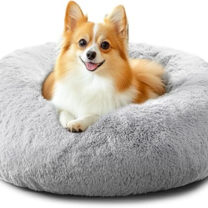JOLLYVOGUE Calming Dog Bed for Small Dogs - 23 inches Donut Washable Small Dog Bed for Kittens & Puppies, Anti-Slip Round Fluffy Plush Faux Fur Cat Beds (Fits up to 25 lbs Pets, Grey)