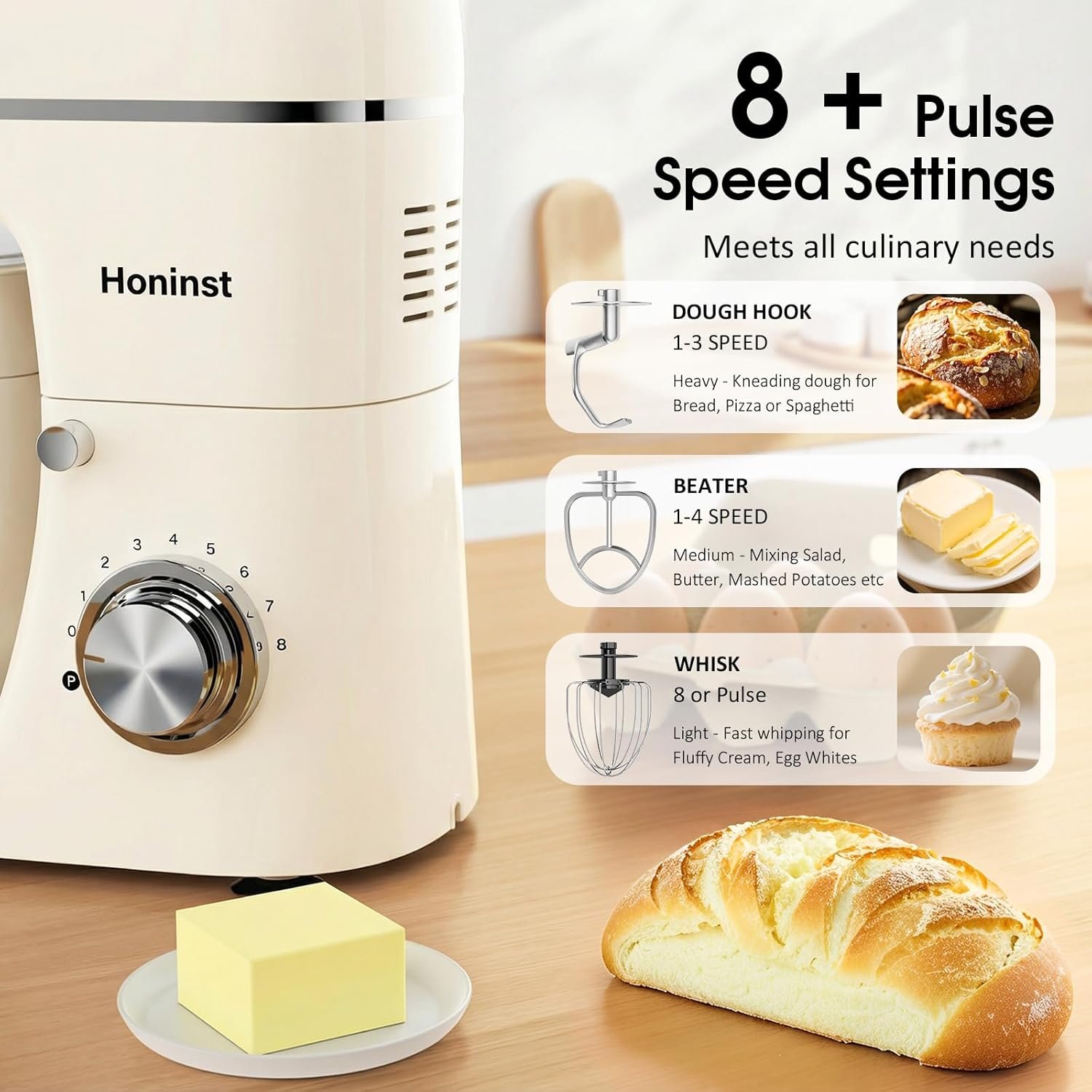 Stand Mixer, 7-IN-1 6.5QT 660W Multifunctional Electric Kitchen Mixers with Blender, Meat Grinder, Dough Hook, Whisk and Beater, 8-Speed Food Mixer for Baking, Cooking, Food Processing, Beige - Image 7