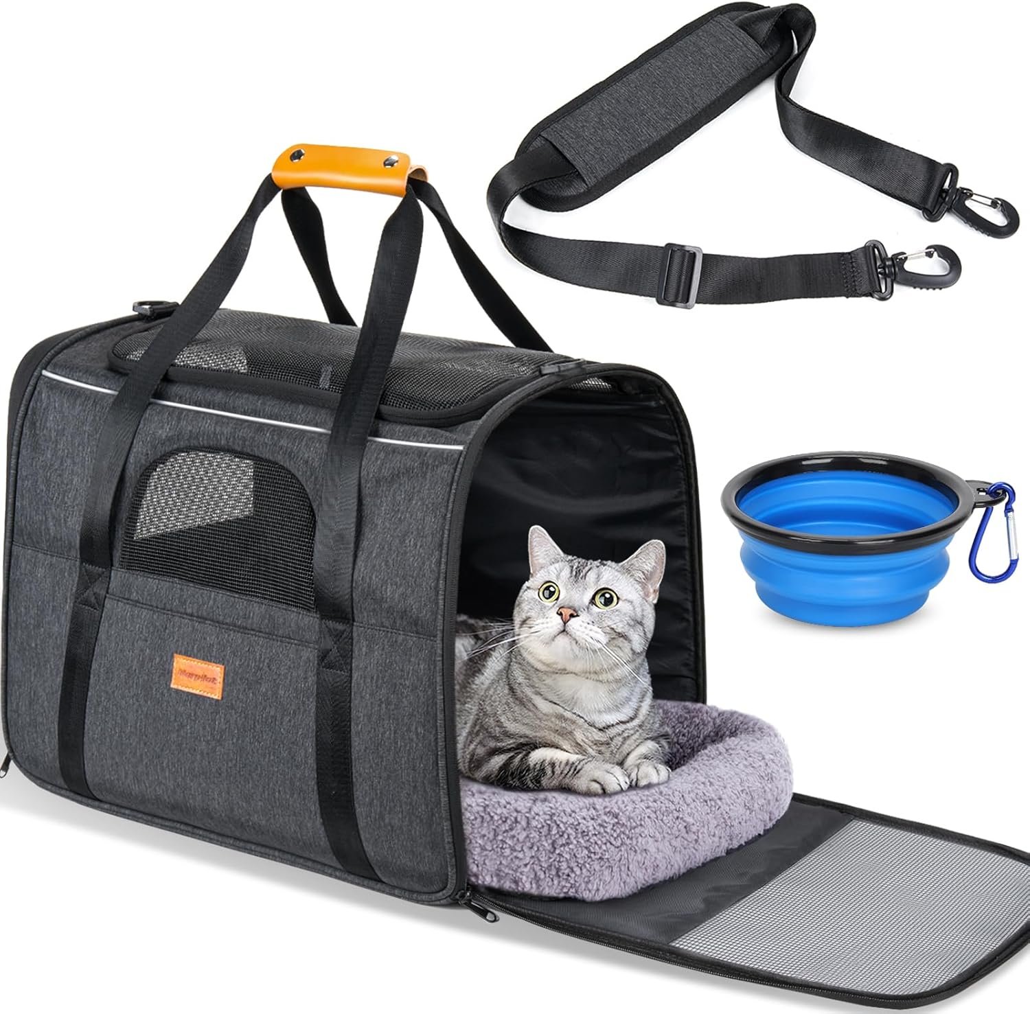 Morpilot Cat Carrier - Cat Carrier Soft for Medium or Large Cats up to 20lbs, with Dual-Sided Cushion, Secure Buckle and Foldable Bowl, Dog Carriers for Small Dogs - Pet Carrier (Dark Gray)