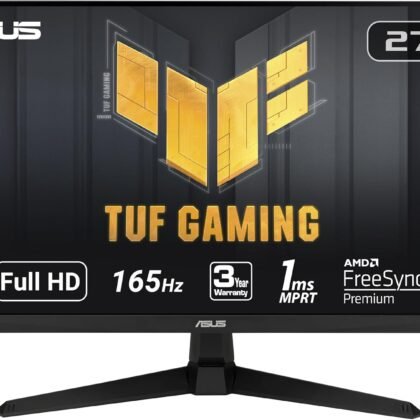 ASUS TUF Gaming 27 Inch Gaming Monitor - Full HD, 1080P, 165Hz (Supports 144Hz), 1ms, Extreme Low Motion Blur, FreeSync Premium, Shadow Boost, Eye Care, HDMI, DisplayPort, Tilt Adjustable - VG277Q1A