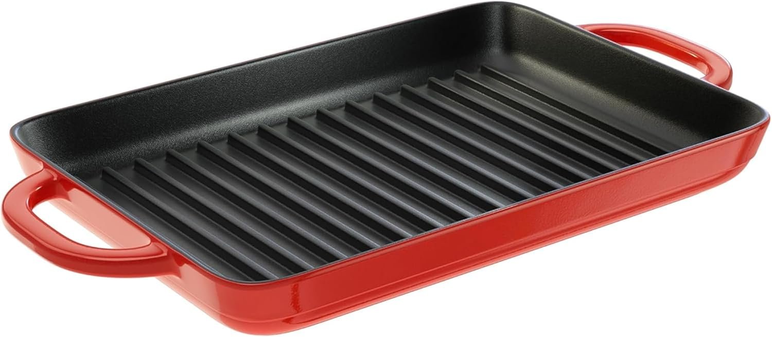 Lodge 12.5 x 8 Inch Enamel Cast Iron Grill Pan - Dual Assist Handles - Use in the Oven, on the Stove, on the Grill, or Over a Campfire - Red