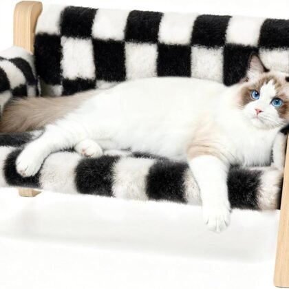 FAMIDGE Elevated Cat Couch Bed for Indoor Cats - Wooden Pet Sofa with Removable Washable Thick Cover Raised Kitty Lounge Chair Suitable for Puppy or Small Animals(Cat Sofa Chessboard)